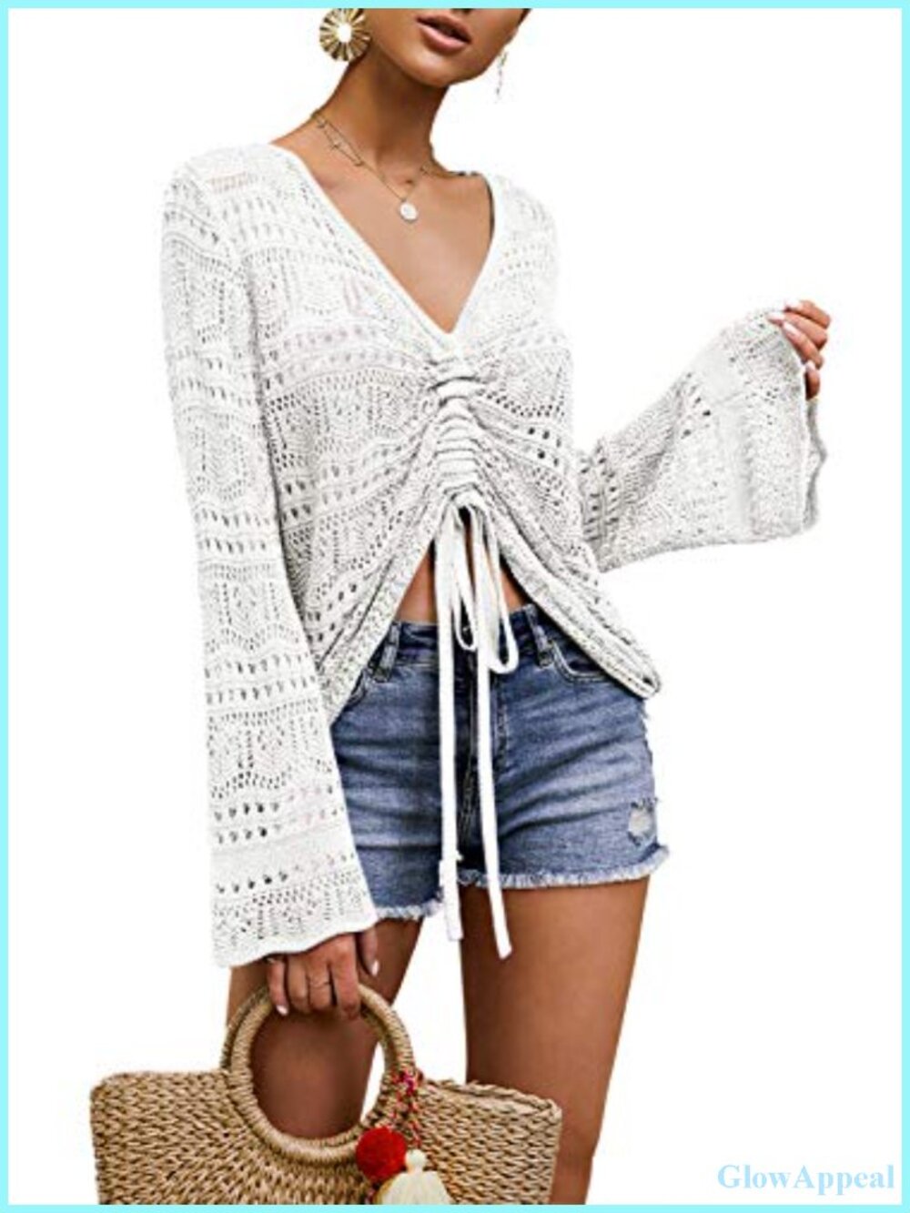 Boho Off Shoulder Sheer Crop Top Crochet Bell Sleeve Sweater